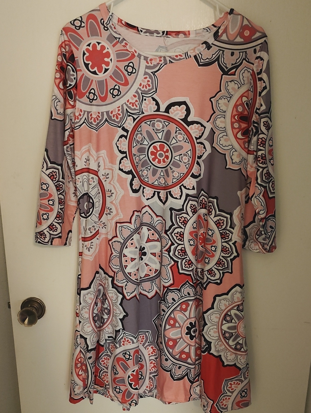 Pink Floral Medallion Midi Dress with Three-Quarter Sleeves And Pockets